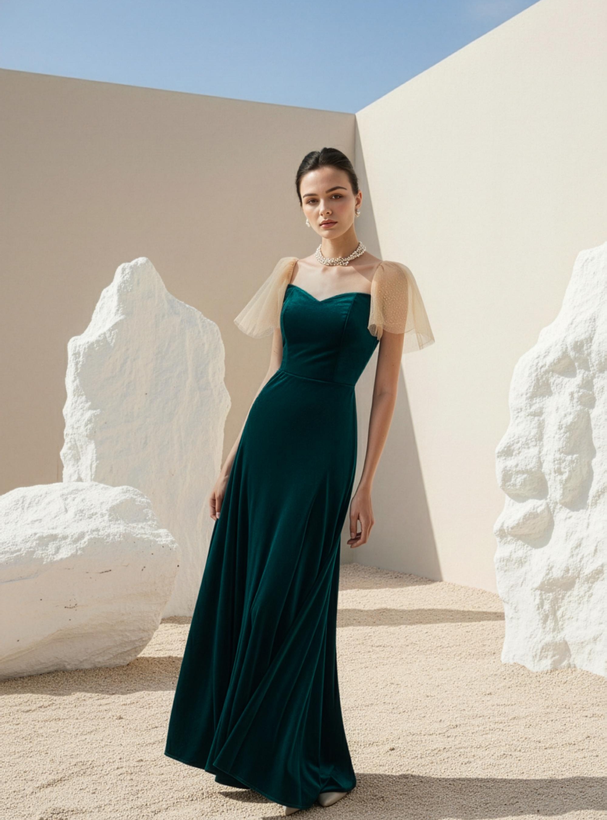 EMERALD GREEN SWEETHEART TULLE-SLEEVE MAXI DRESS
