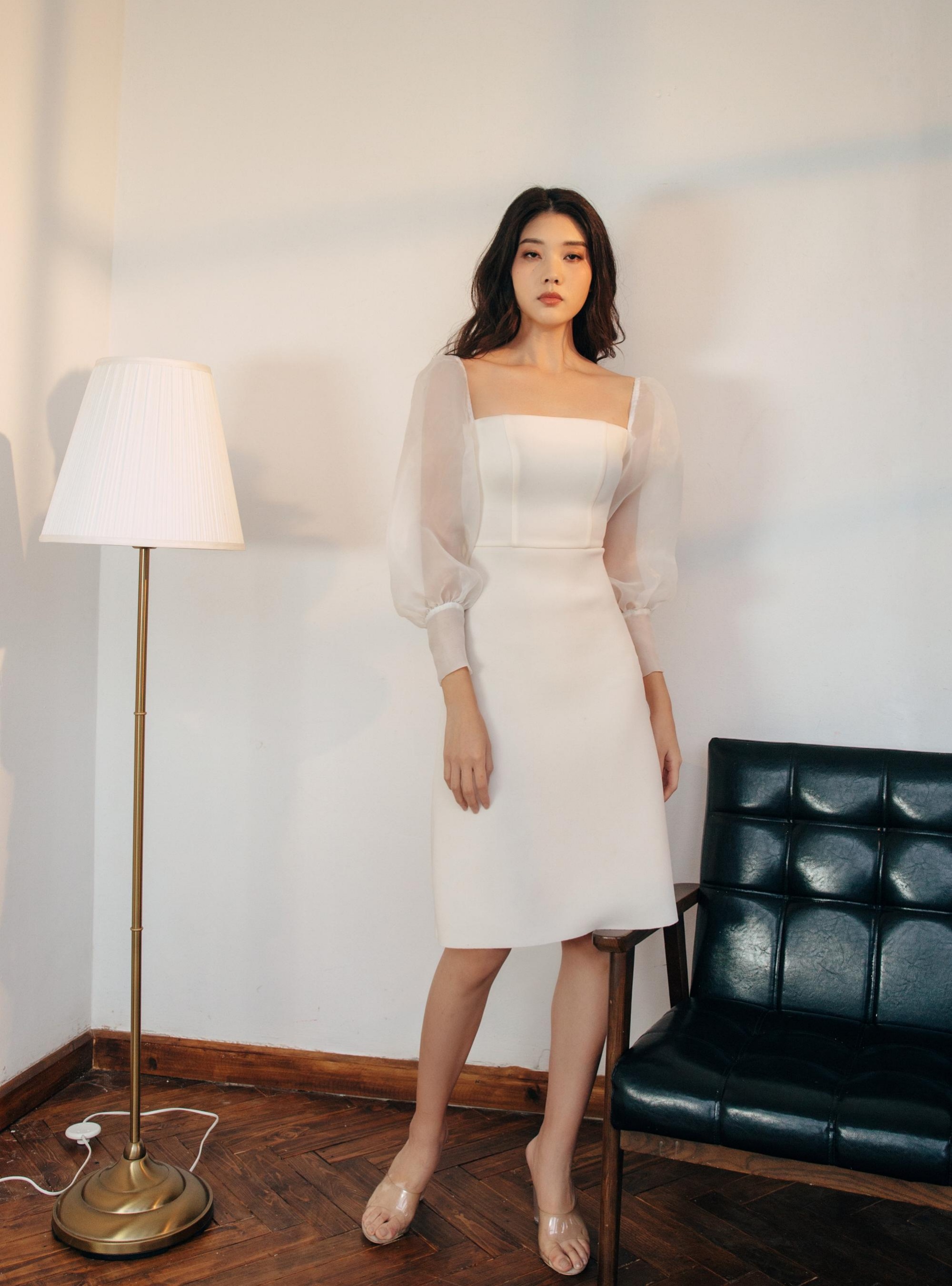WHITE SQUARE NECK SHEER PUFF SLEEVE MINI DRESS