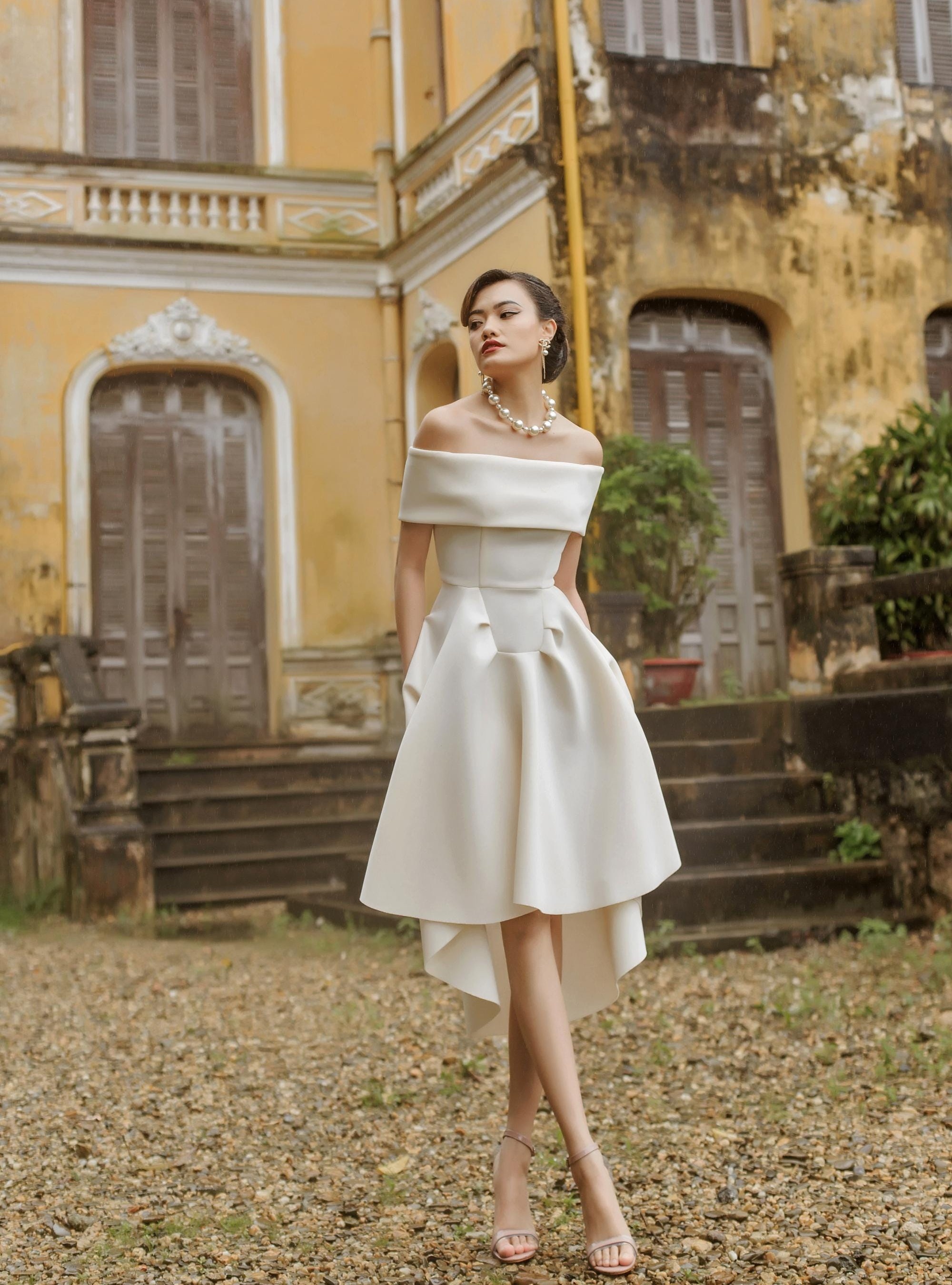 OFF SHOULDER HIGH LOW FIT AND FLARE DRESS