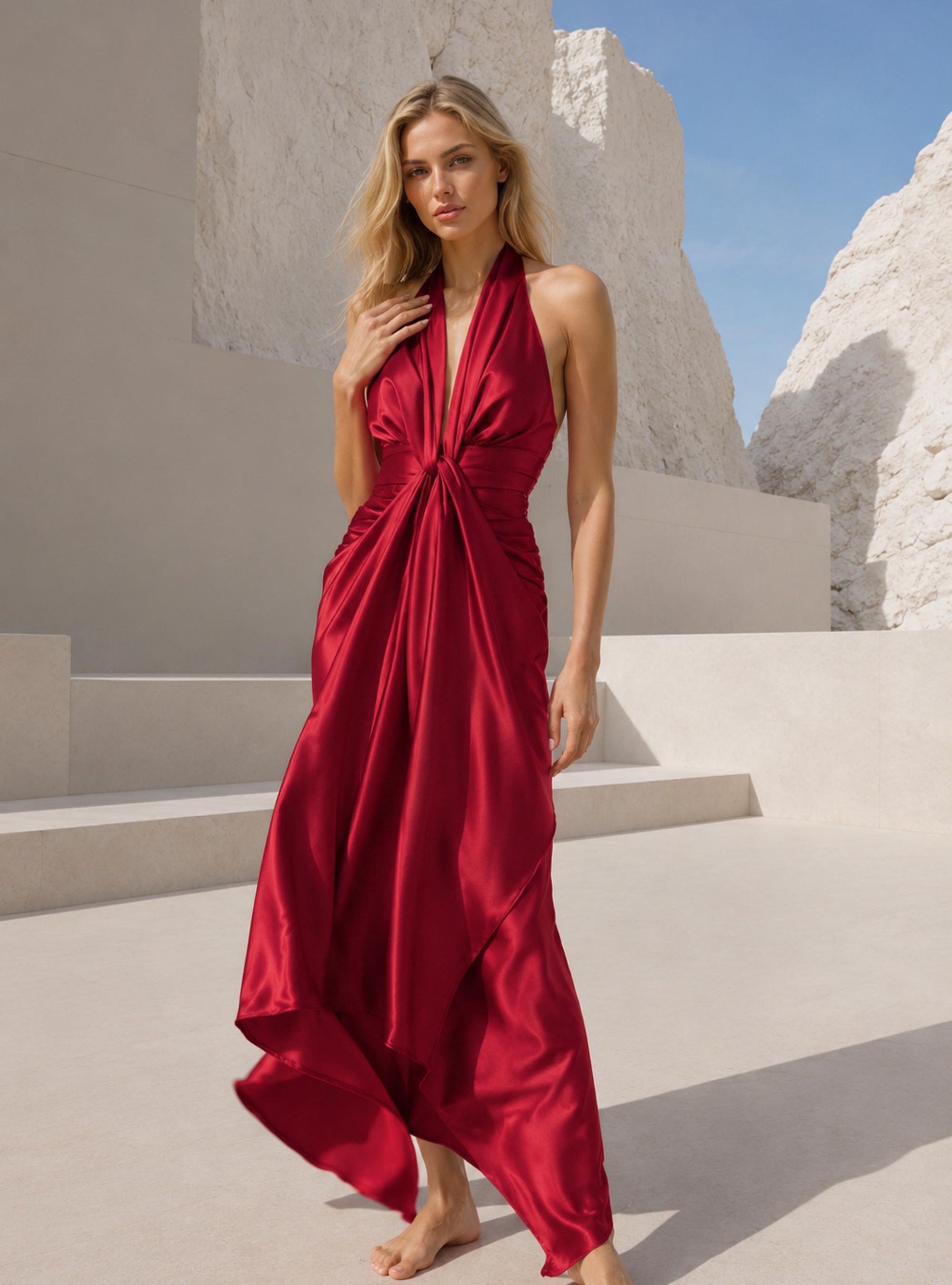 RUBY RED HALTER NECK TWIST FRONT SATIN MAXI DRESS
